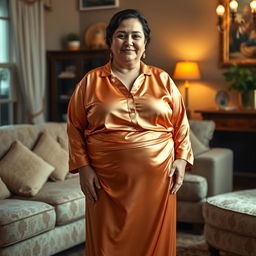 A chubby Arabic mom wearing extremely tight silky satin pajamas with a tight silk skirt over them, standing in a cozy living room