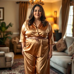 A chubby Arabic mom wearing extremely tight silky satin pajamas with a tight silk skirt over them, standing in a cozy living room