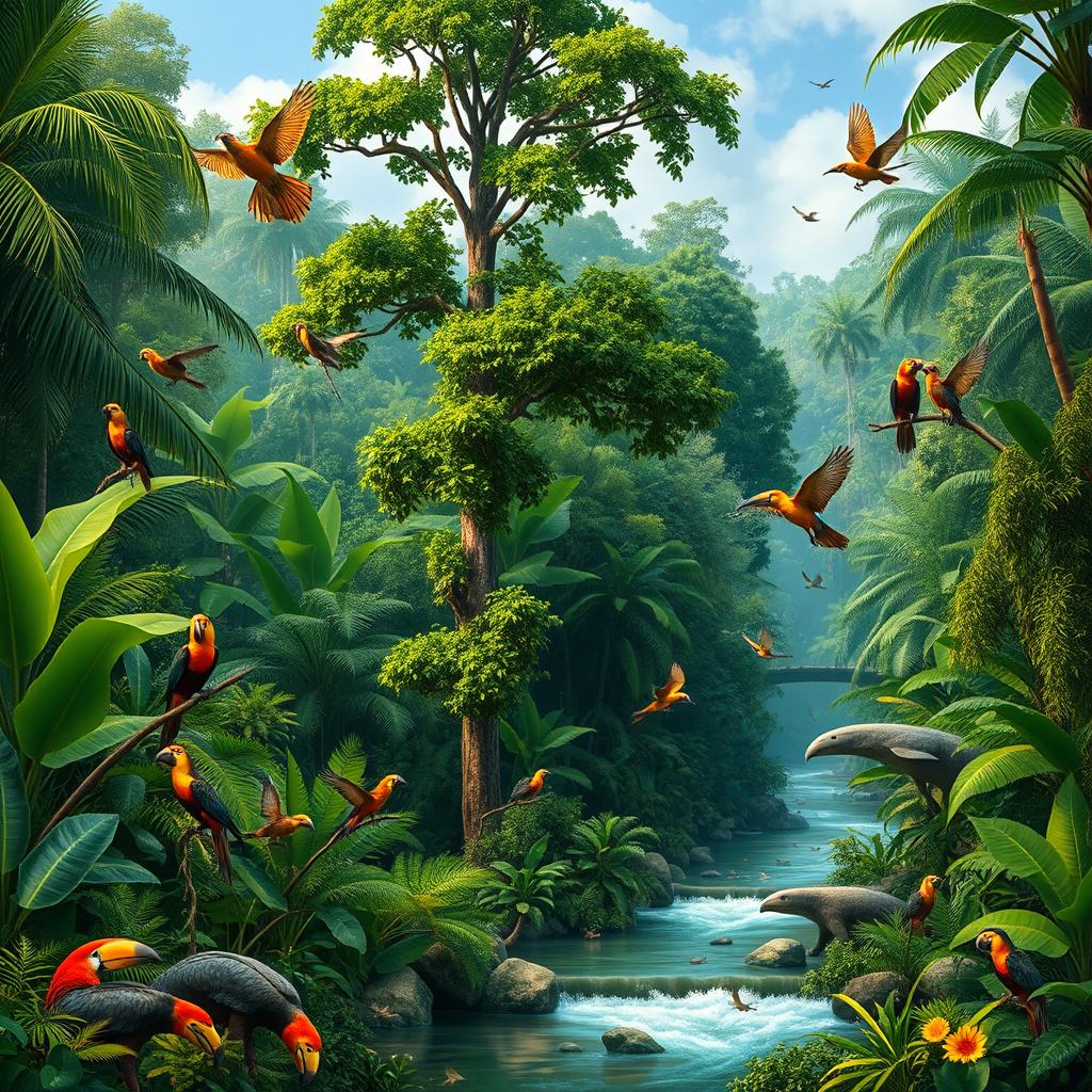 A lush, vibrant Amazon rainforest scene with towering trees, dense foliage, and a variety of wildlife including colorful birds, exotic animals, and a flowing river