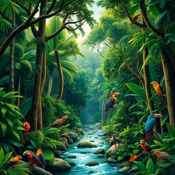 A lush, vibrant Amazon rainforest scene with towering trees, dense foliage, and a variety of wildlife including colorful birds, exotic animals, and a flowing river