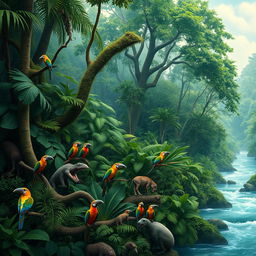 A lush, vibrant Amazon rainforest scene with towering trees, dense foliage, and a variety of wildlife including colorful birds, exotic animals, and a flowing river