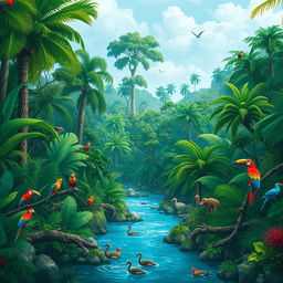 A lush, vibrant Amazon rainforest scene with towering trees, dense foliage, and a variety of wildlife including colorful birds, exotic animals, and a flowing river