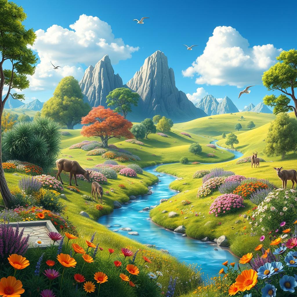 Generate a vibrant and imaginative scene featuring a beautiful landscape with lush greenery, colorful flowers, and a clear blue sky