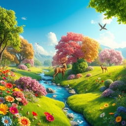 Generate a vibrant and imaginative scene featuring a beautiful landscape with lush greenery, colorful flowers, and a clear blue sky