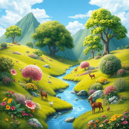 Generate a vibrant and imaginative scene featuring a beautiful landscape with lush greenery, colorful flowers, and a clear blue sky