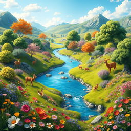 Generate a vibrant and imaginative scene featuring a beautiful landscape with lush greenery, colorful flowers, and a clear blue sky