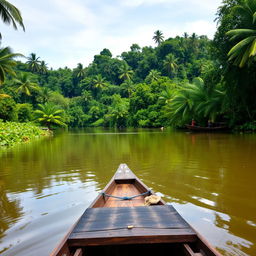 A picturesque view of the Rio Moju river in the Amazon rainforest, with its calm waters reflecting the surrounding lush greenery