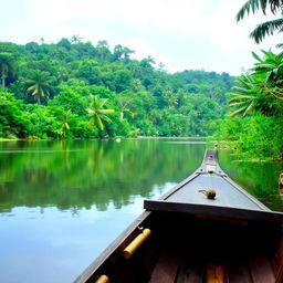 A picturesque view of the Rio Moju river in the Amazon rainforest, with its calm waters reflecting the surrounding lush greenery