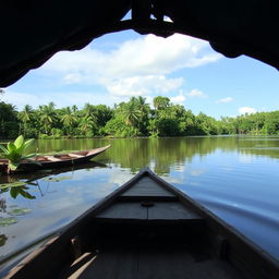 A picturesque view of the Rio Moju river in the Amazon rainforest, with its calm waters reflecting the surrounding lush greenery