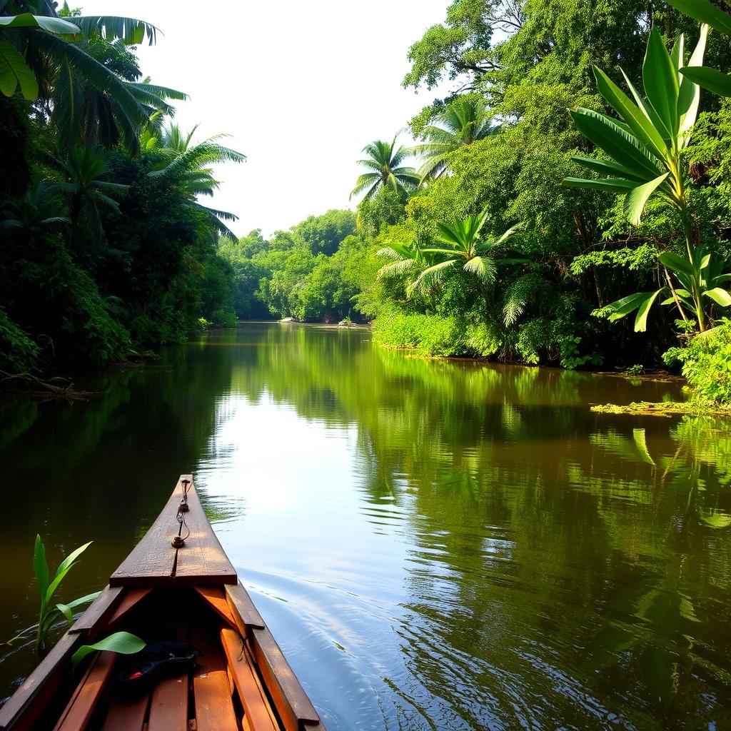 A picturesque view of the Rio Moju river in the Amazon rainforest, with its calm waters reflecting the surrounding lush greenery