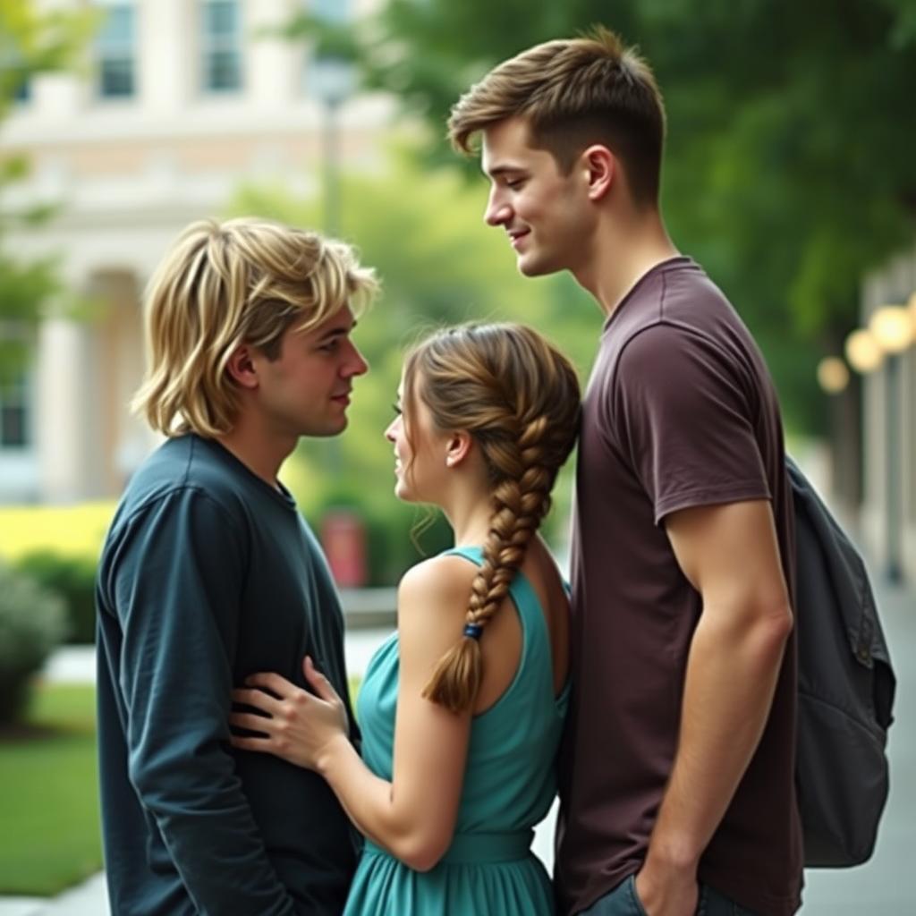 A love triangle scene between two college-aged men and one woman