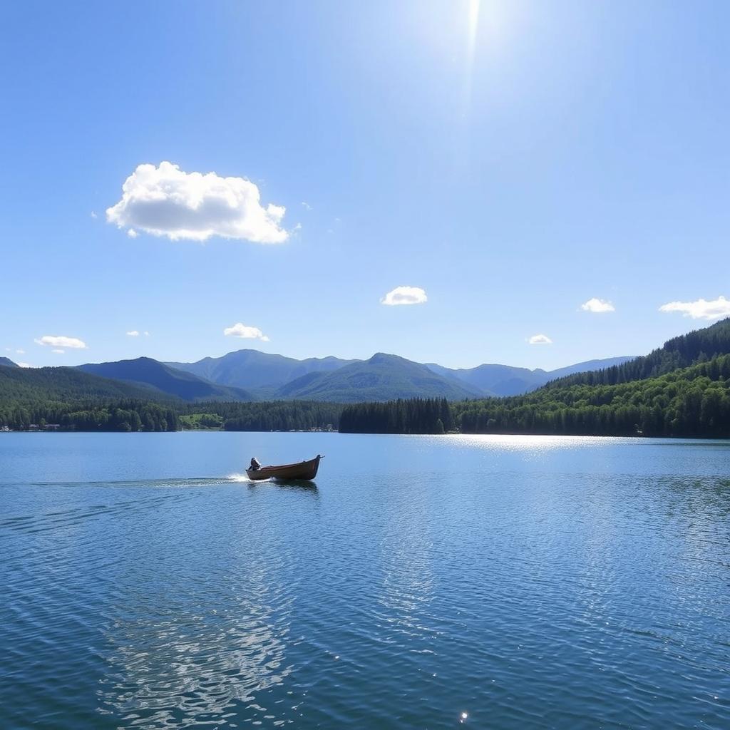 A serene landscape featuring a calm lake surrounded by lush green trees and mountains in the background