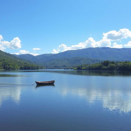 A serene landscape featuring a calm lake surrounded by lush green trees and mountains in the background