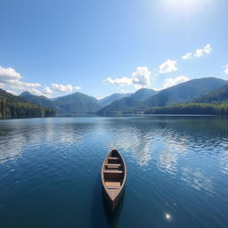 A serene landscape featuring a calm lake surrounded by lush green trees and mountains in the background