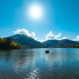 A serene landscape featuring a calm lake surrounded by lush green trees and mountains in the background