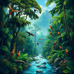 A stunning depiction of the Amazon rainforest, known as Amazônia, featuring dense, towering trees, vibrant greenery, and a variety of wildlife