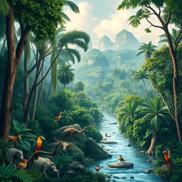 A stunning depiction of the Amazon rainforest, known as Amazônia, featuring dense, towering trees, vibrant greenery, and a variety of wildlife