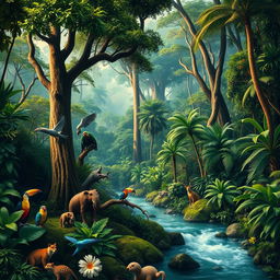 A stunning depiction of the Amazon rainforest, known as Amazônia, featuring dense, towering trees, vibrant greenery, and a variety of wildlife