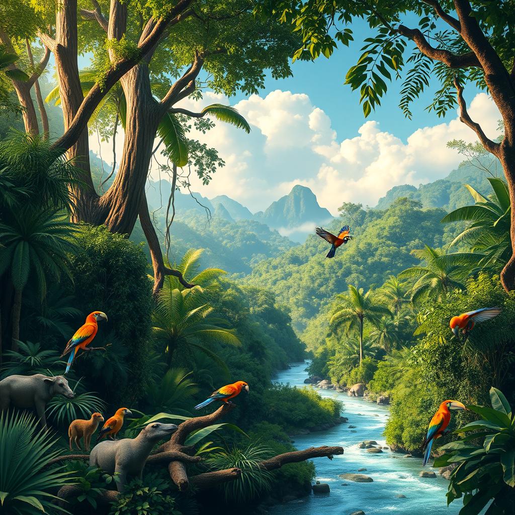 A stunning depiction of the Amazon rainforest, known as Amazônia, featuring dense, towering trees, vibrant greenery, and a variety of wildlife