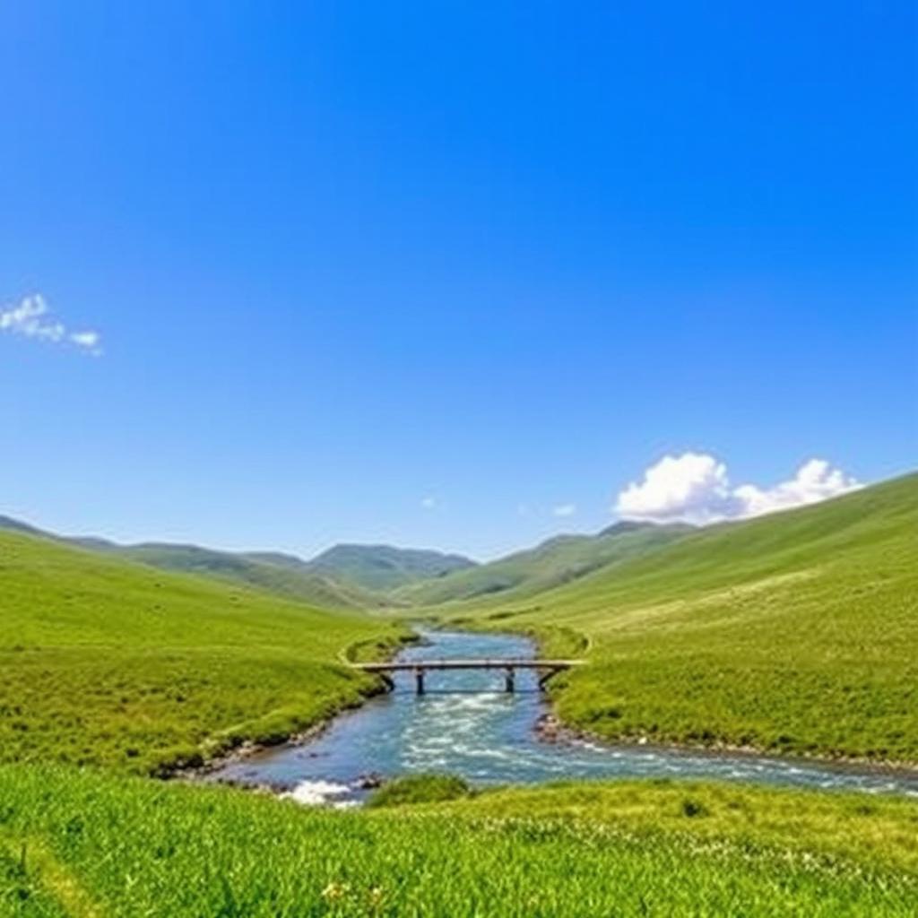 A serene landscape with a clear blue sky, green rolling hills, and a sparkling river flowing through the middle