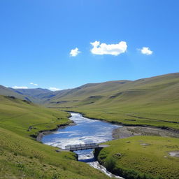 A serene landscape with a clear blue sky, green rolling hills, and a sparkling river flowing through the middle