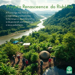 An inspiring image depicting the Projeto Renascente do Rio Ubá, focusing on the ecological restoration of degraded areas and the promotion of socio-environmental integrity in the Amazonian hydroterritories