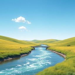 A serene landscape with a clear blue sky, green rolling hills, and a sparkling river flowing through the middle