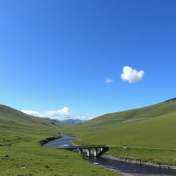 A serene landscape with a clear blue sky, green rolling hills, and a sparkling river flowing through the middle