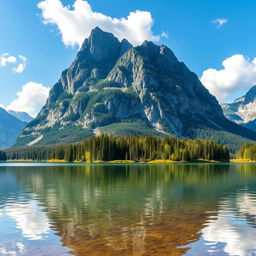 Create a beautiful landscape scene featuring a serene lake surrounded by mountains and trees, with a clear blue sky and a few fluffy clouds