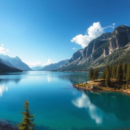 Create a beautiful landscape scene featuring a serene lake surrounded by mountains and trees, with a clear blue sky and a few fluffy clouds