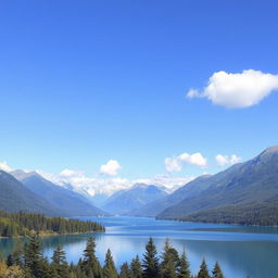 Create a beautiful landscape scene featuring a serene lake surrounded by mountains and trees, with a clear blue sky and a few fluffy clouds