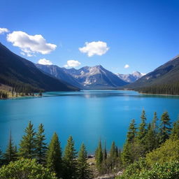 Create a beautiful landscape scene featuring a serene lake surrounded by mountains and trees, with a clear blue sky and a few fluffy clouds