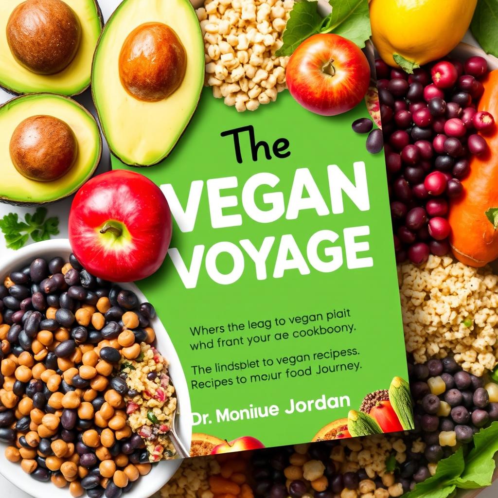 Create a colorful book cover for a vegan cookbook titled 'The Vegan Voyage' by Dr