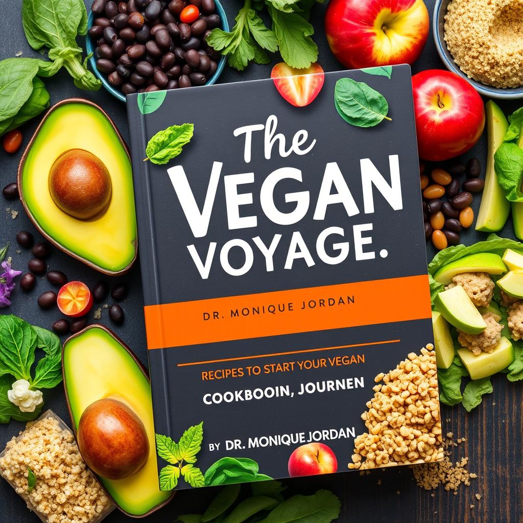 Create a colorful book cover for a vegan cookbook titled 'The Vegan Voyage' by Dr