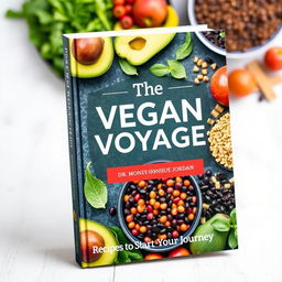 Create a colorful book cover for a vegan cookbook titled 'The Vegan Voyage' by Dr