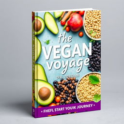 Create a colorful book cover for a vegan cookbook titled 'The Vegan Voyage' by Dr