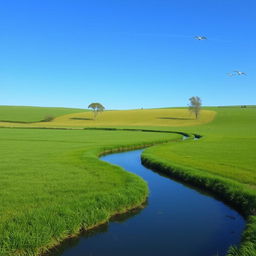 A serene landscape with a clear blue sky, lush green fields, and a calm river flowing through