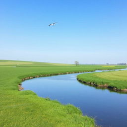 A serene landscape with a clear blue sky, lush green fields, and a calm river flowing through