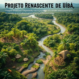 An inspiring and detailed image showcasing the Projeto Renascente do Rio Ubá, focusing on the ecological restoration of degraded areas and the promotion of socio-environmental integrity in the Amazonian hydroterritories