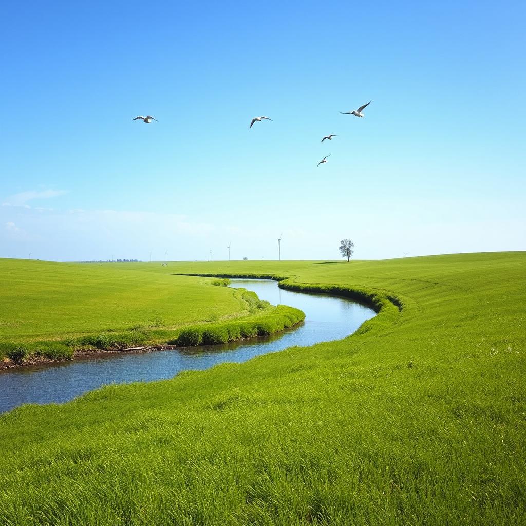 A serene landscape with a clear blue sky, lush green fields, and a calm river flowing through