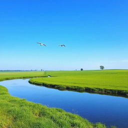 A serene landscape with a clear blue sky, lush green fields, and a calm river flowing through