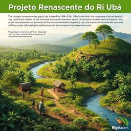 An inspiring and detailed image showcasing the Projeto Renascente do Rio Ubá, focusing on the ecological restoration of degraded areas and the promotion of socio-environmental integrity in the Amazonian hydroterritories