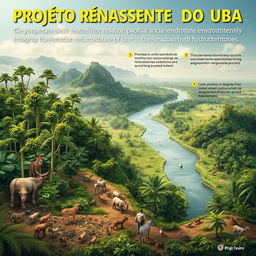 An inspiring and detailed image showcasing the Projeto Renascente do Rio Ubá, focusing on the ecological restoration of degraded areas and the promotion of socio-environmental integrity in the Amazonian hydroterritories