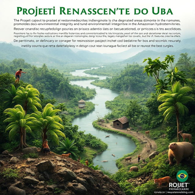 An inspiring and detailed image showcasing the Projeto Renascente do Rio Ubá, focusing on the ecological restoration of degraded areas and the promotion of socio-environmental integrity in the Amazonian hydroterritories