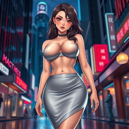 A hot anime woman with voluptuous curves, including a big bust and hips, wearing a tight silk skirt