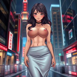 A hot anime woman with voluptuous curves, including a big bust and hips, wearing a tight silk skirt