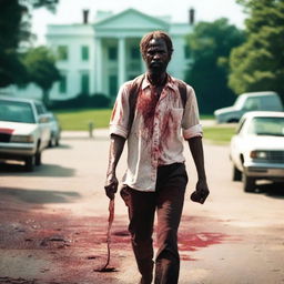 A man walking along the side of the road in summer, carrying a bloody machete in his hand