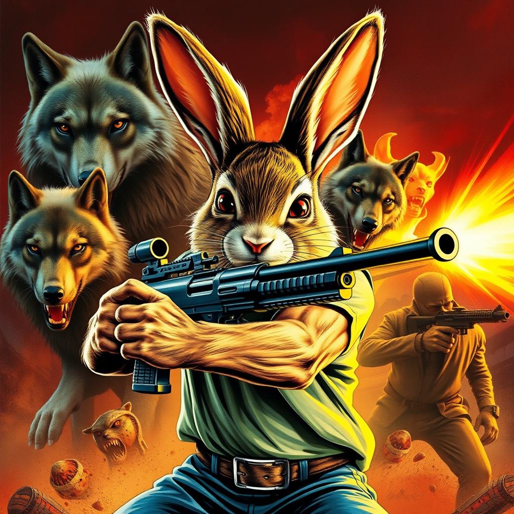 An action movie poster featuring a rabbit as the main character wielding a machine gun