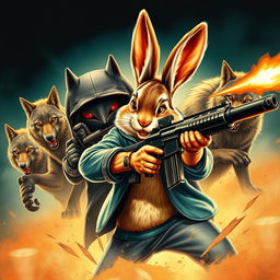 An action movie poster featuring a rabbit as the main character wielding a machine gun