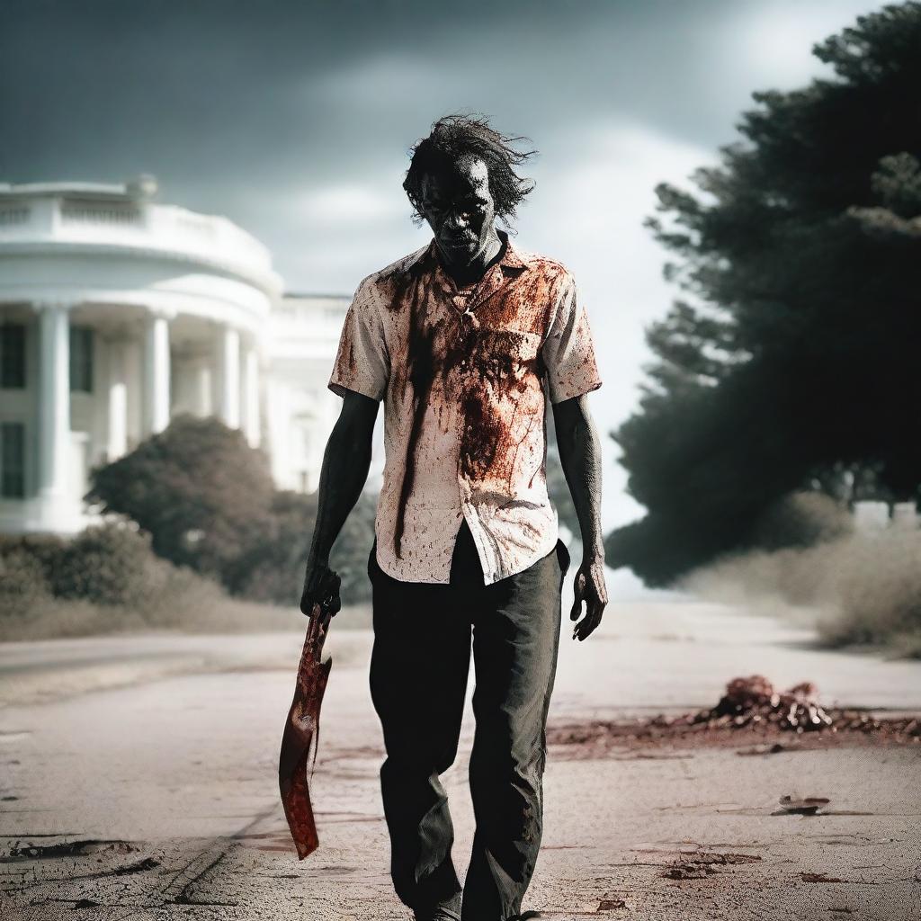 A man walking along the side of the road in summer, carrying a bloody machete in his hand